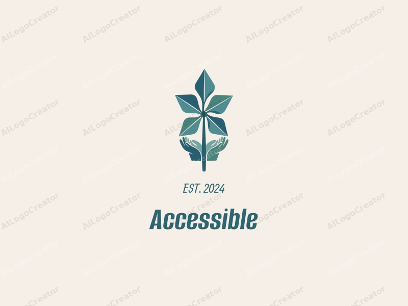 modern design features geometric flowers and hands symbolizing accessibility, combined with a clean background in blue and green tones, emphasizing inclusivity in urban planning and architectural design.