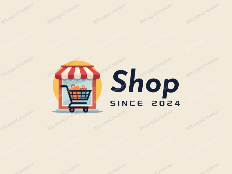 modern design features a stylized shop front, a shopping cart filled with products, combined with a clean background and a harmonious layout.