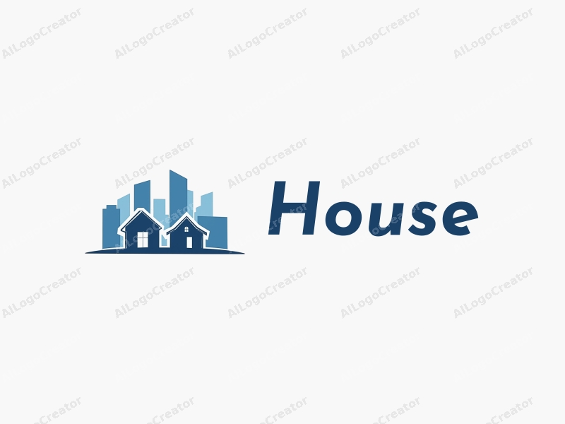 minimalist design features a stylized house and building silhouette, an architectural model, and a city skyline, combined with a clean background in blue and white.