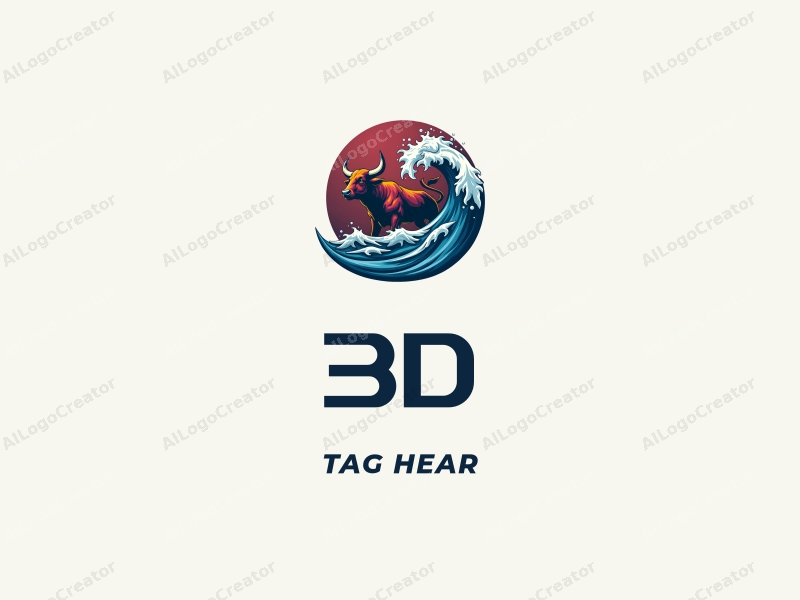 a modern design featuring a 3D bull interacting with dynamic ocean waves, incorporating vibrant colors and a clean background.