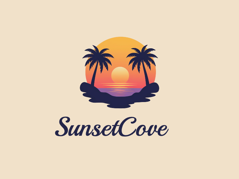 vintage design features a stylized sunset over a beach with palm trees, incorporating warm orange and purple hues, combined with a clean background.